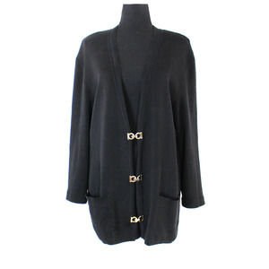Salvatore Ferragamo Black Gold Gancini Logo Cotton Cardigan XL V-Neck Sweater
